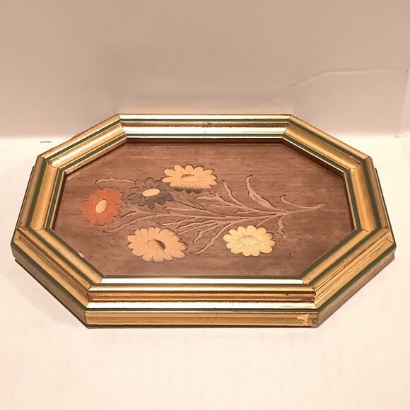 Vtg Mayflower Sorrento Inlaid Wood Framed Art-Floral-Octagonal-Marquetry-Italy - Picture 5 of 12